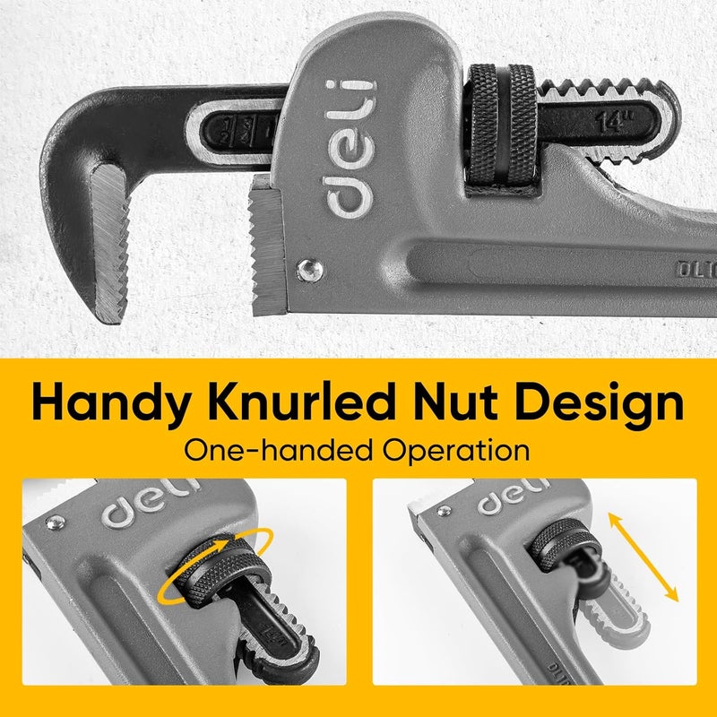 Deli 3-Piece Heavy Duty Aluminum Pipe Wrench Set, 10" 14" 18" Adjustable Pipe Wrench Set with Tool Bag, Professional Plumbing wrench Set, for Pipe, Home, Vehicle repair - Image 4